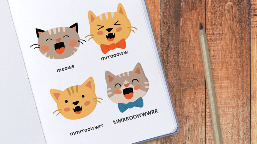 Four cartoon cat faces with different expressions and corresponding cat sounds labeled meows, mrroooww, mmrroowwrr, and MMRROOWWWRR