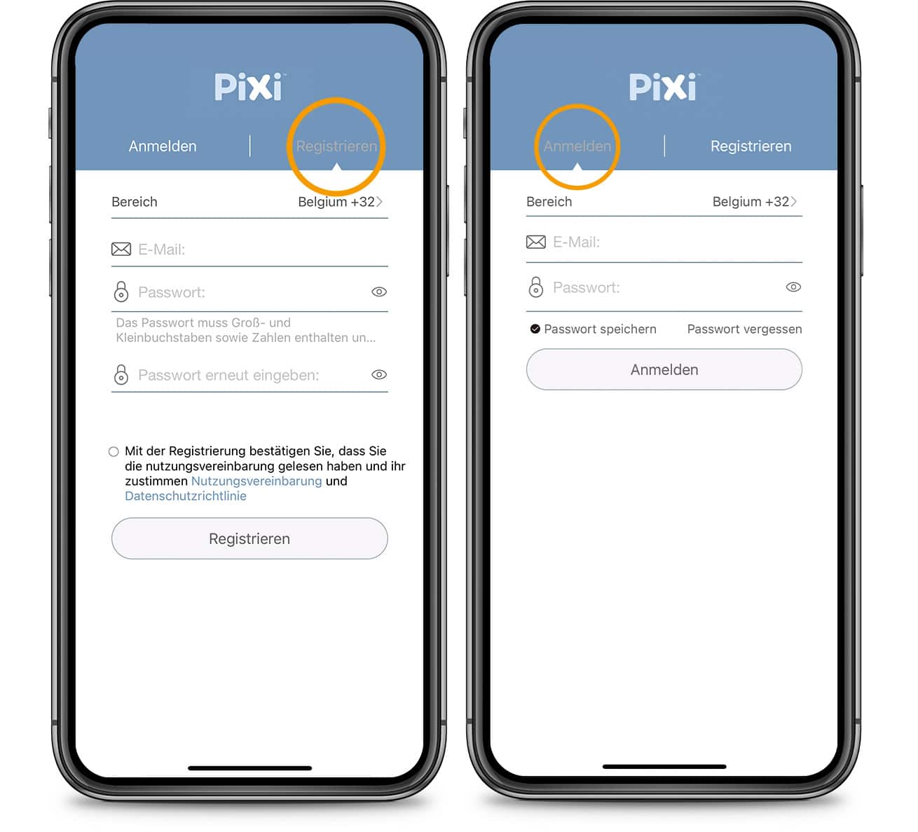 PIXI App – Anmelden / Registrieren