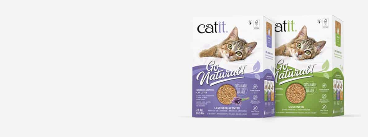 Catit Go Natural wood clumping cat litter in lavender-scented and unscented packaging