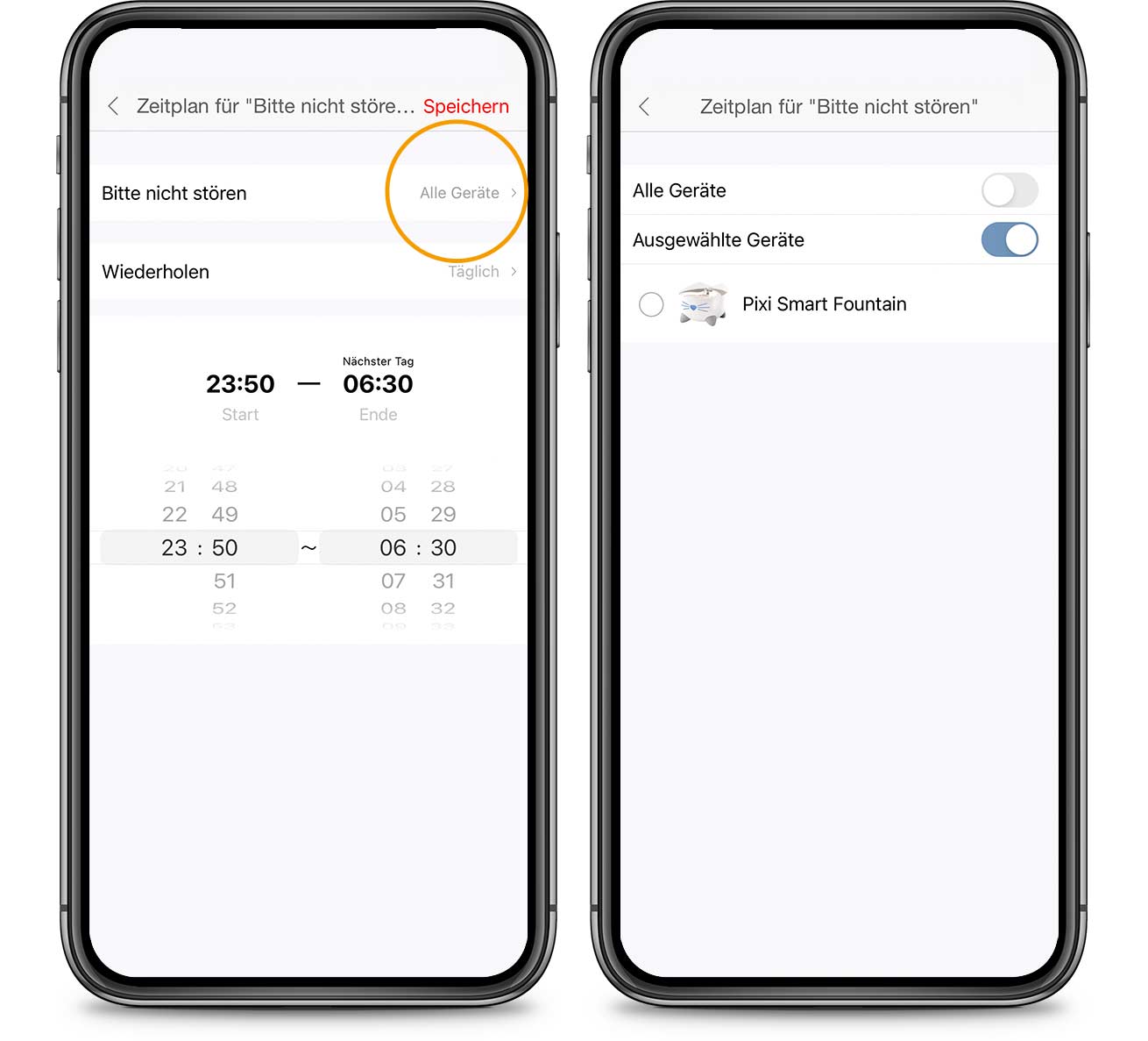 Geräte für den Zeitplan für „Bitte nicht stören“ in der PIXI App auswählen