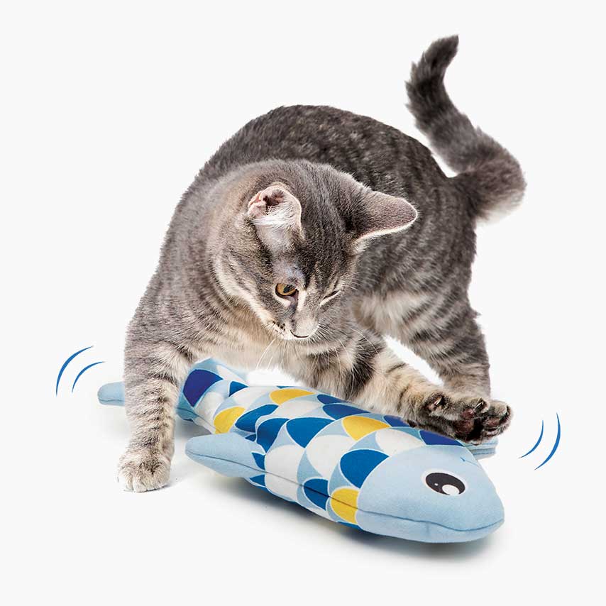 Kot bawiący się aktywowaną ruchem tańczącą zabawkową rybką