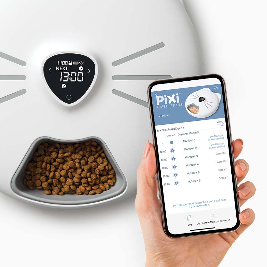 Programmiere die Mahlzeiten in der PIXI App oder verwende das nasenförmige Display auf dem Futterautomaten