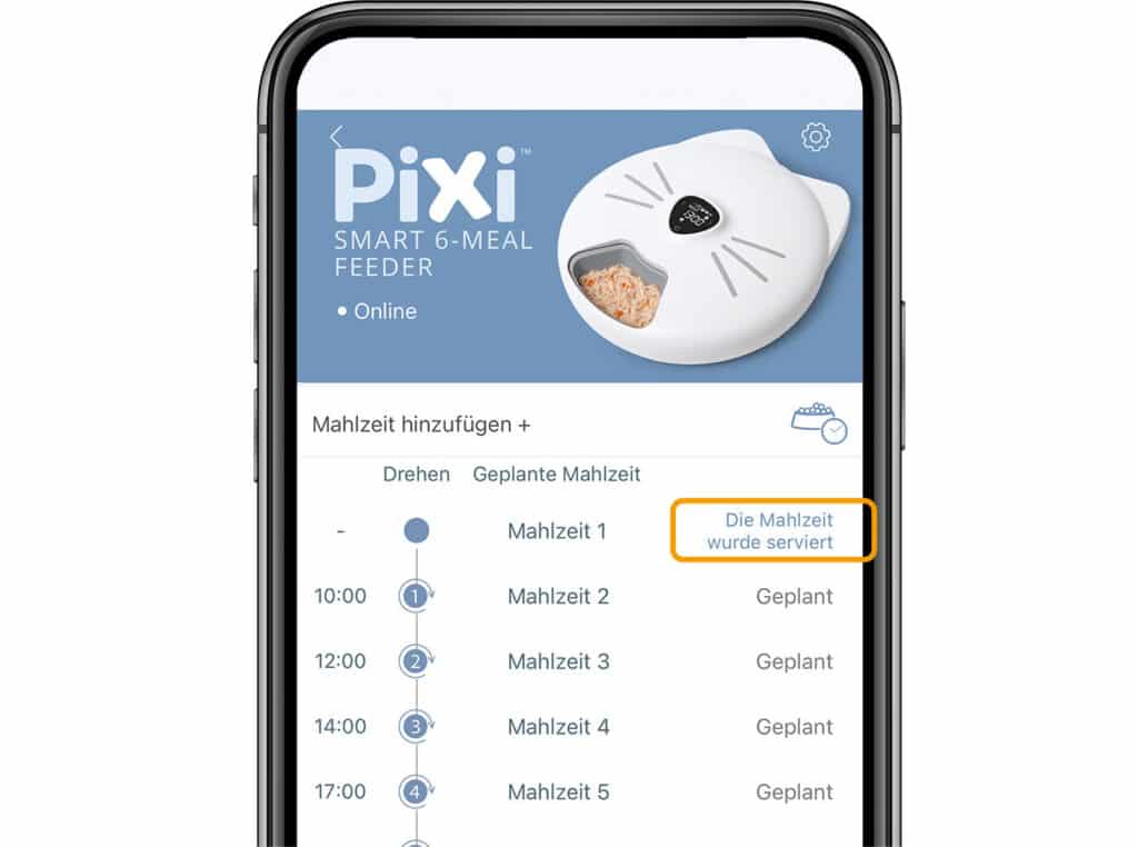 Anzeige über die servierten Mahlzeiten in der PIXI App