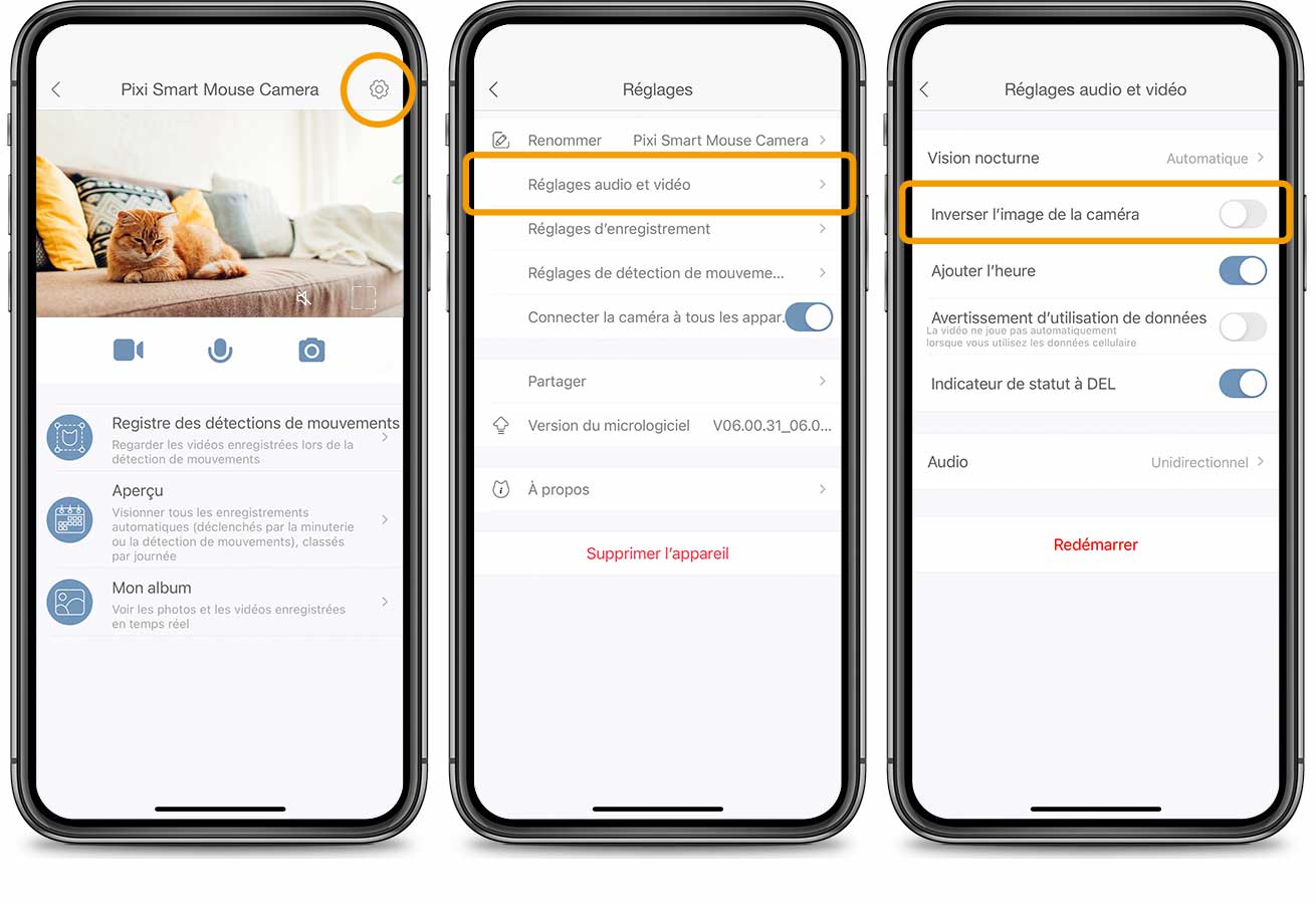 Réglages vidéo de l’appli PIXI - Inverser la caméra