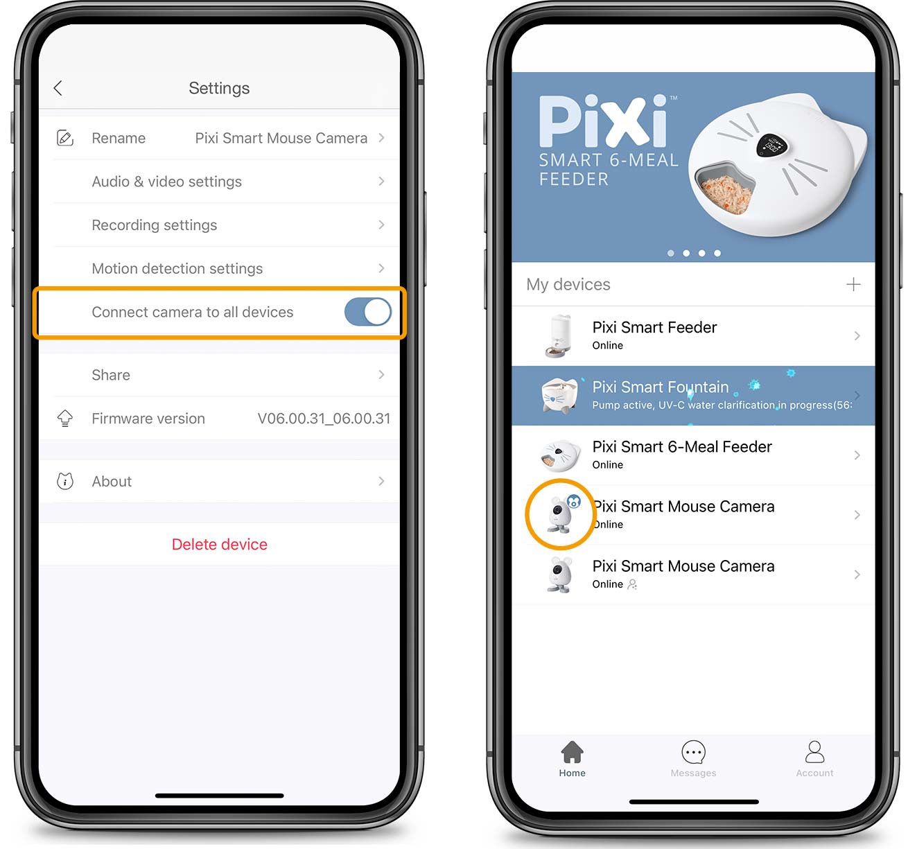 Cámara Ratón Inteligente conectada a otros dispositivos en la app PIXI