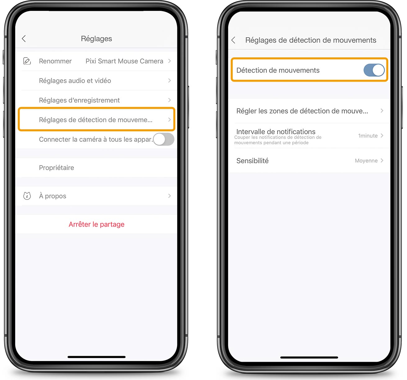Réglages de détection de mouvements dans l’appli PIXI