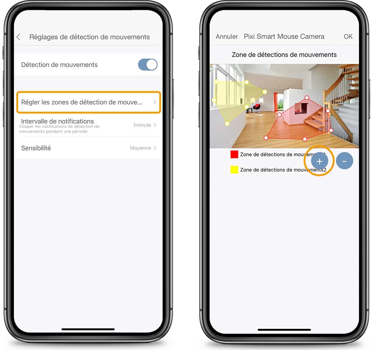 Zones de détection de mouvements dans l’appli PIXI