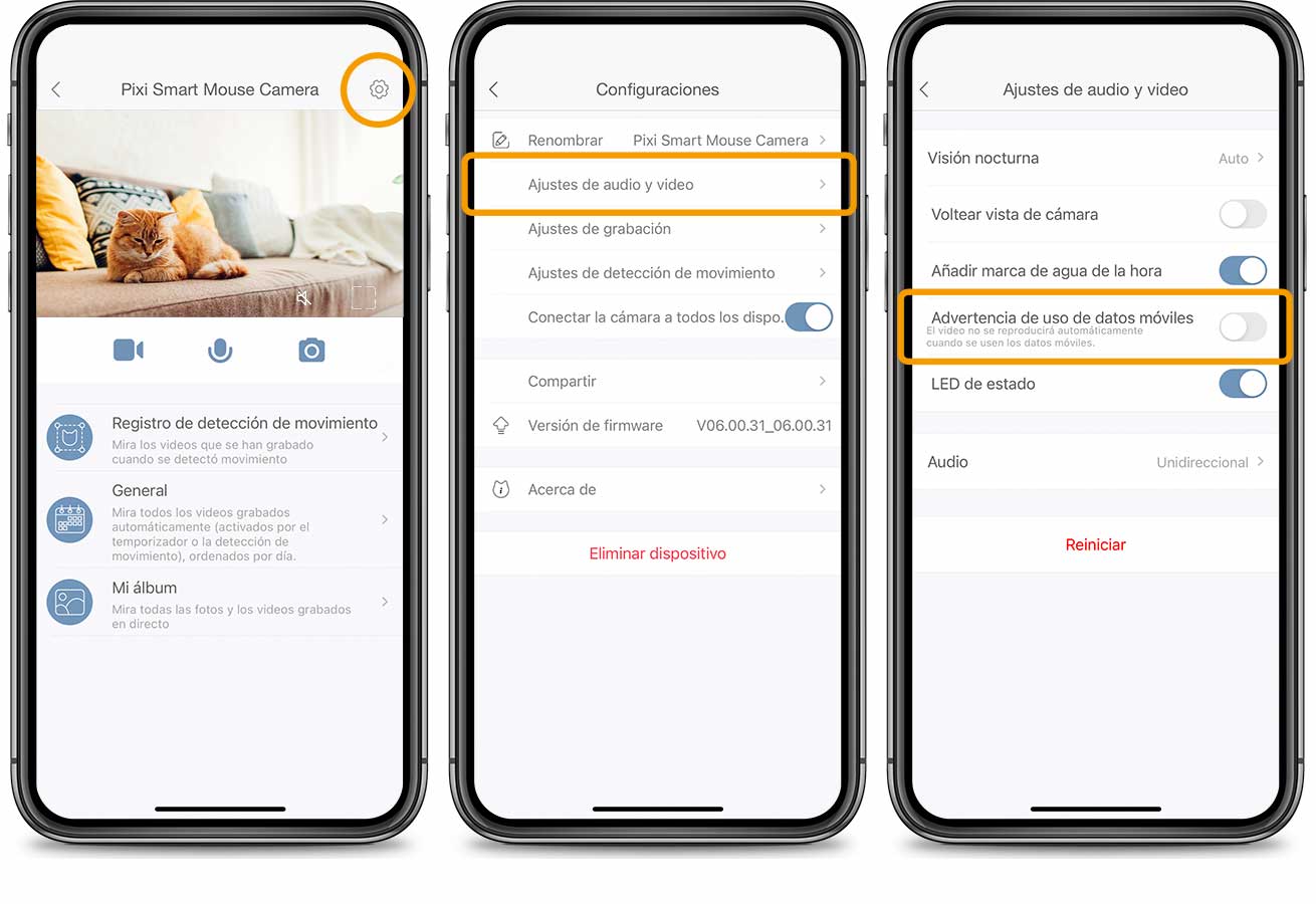 Configuración de vídeo de la aplicación PIXI: advertencia de uso de datos