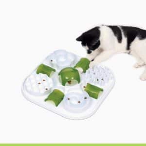 A black and white cat playing with a Catit Senses treat puzzle toy on a white background