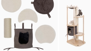 Catit Vesper Treehouse cat furniture with its individual components, including cushions, a scratching post, and a cat cave