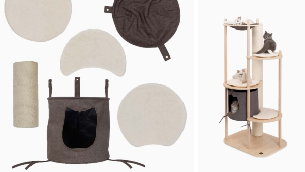 Catit Vesper Treehouse cat furniture with its individual components, including cushions, a scratching post, and a cat cave