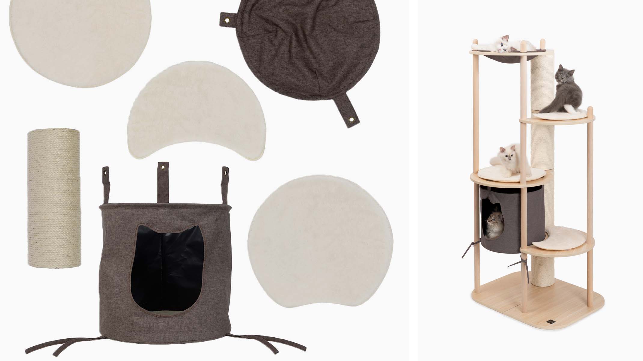 Catit Vesper Treehouse cat furniture with its individual components, including cushions, a scratching post, and a cat cave