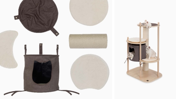 Vesper Treehouse Medium cat furniture with its individual components including the cat cave, scratching post, and cushions