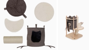 Catit PIXI Treehouse small spare parts including fabric covers, cushions, a scratching post, and a cat hideaway unit