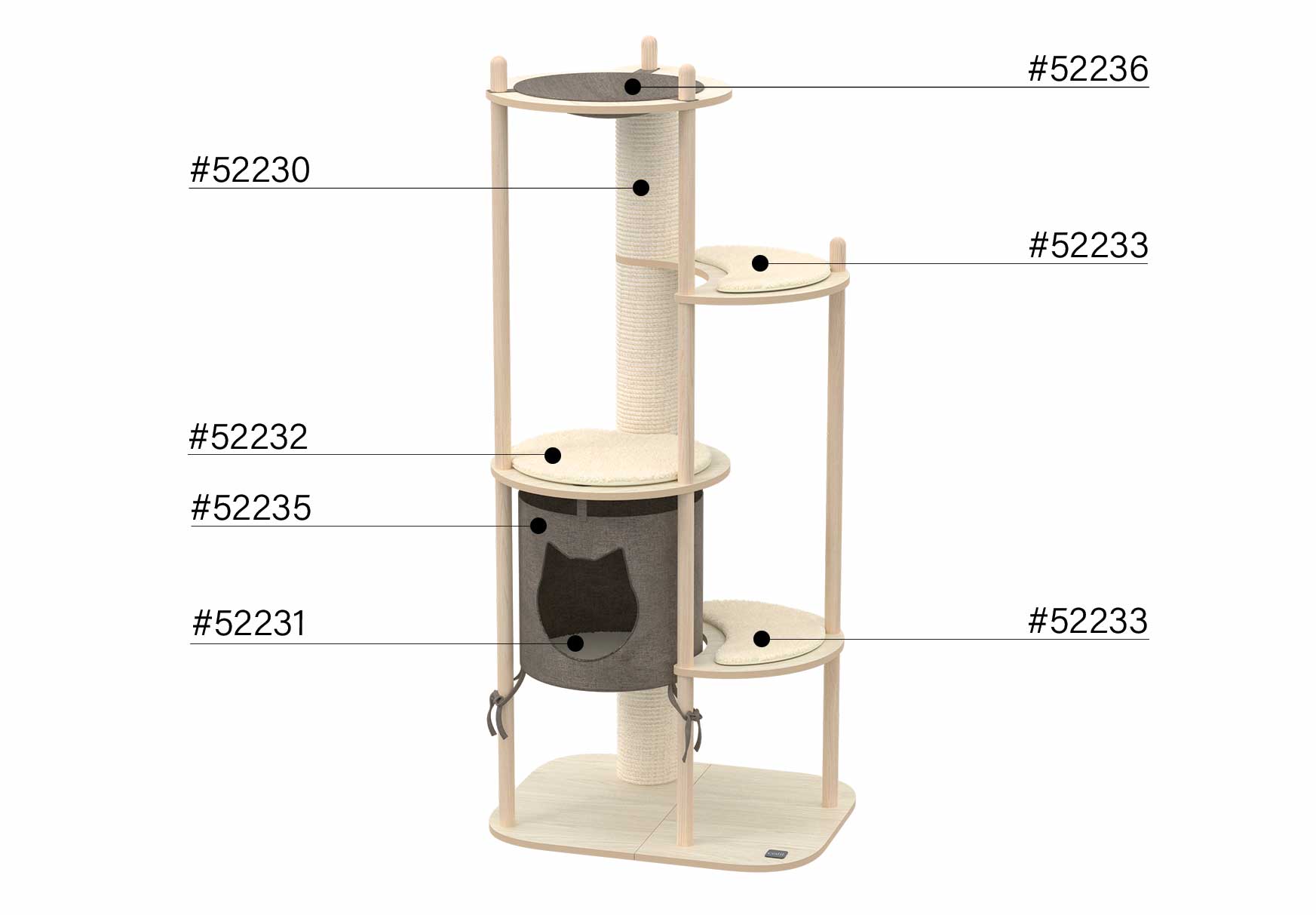 Diagram of a Vesper Treehouse L cat tower showing labeled replacement parts with reference numbers