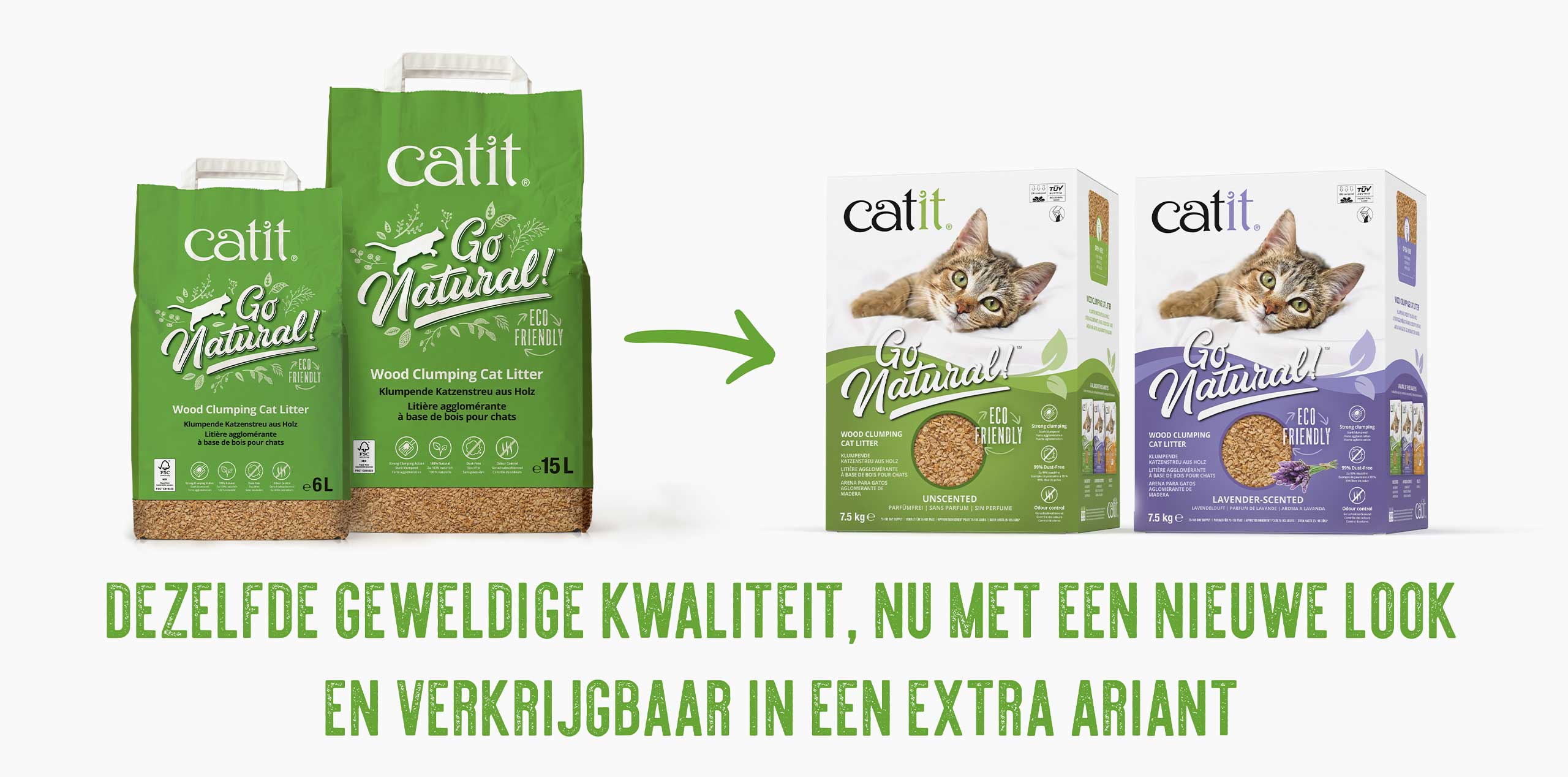 De nieuwe verpakking en de nieuwe variant van de Catit Go Natural kattenbakvulling op houtbasis