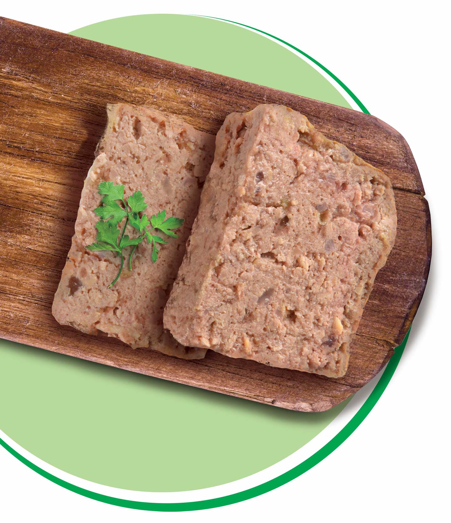 Two slices of chicken pâté topped with a sprig of parsley on a wooden board