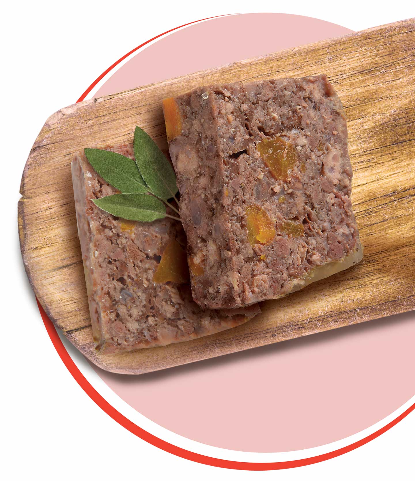 Two slices of beef and carrot pâté topped with sage leaves on a wooden board