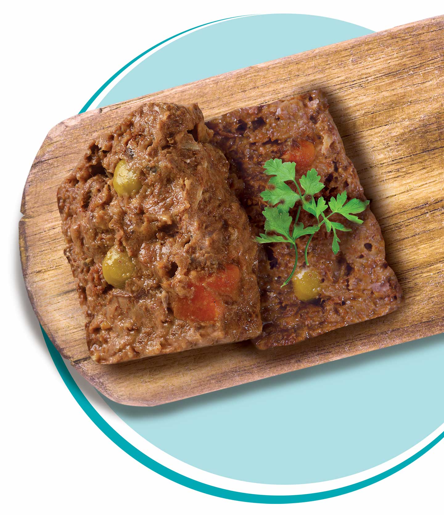 Two slices of tuna pâté with visible green olives and red pepper pieces, garnished with a sprig of parsley on a wooden board