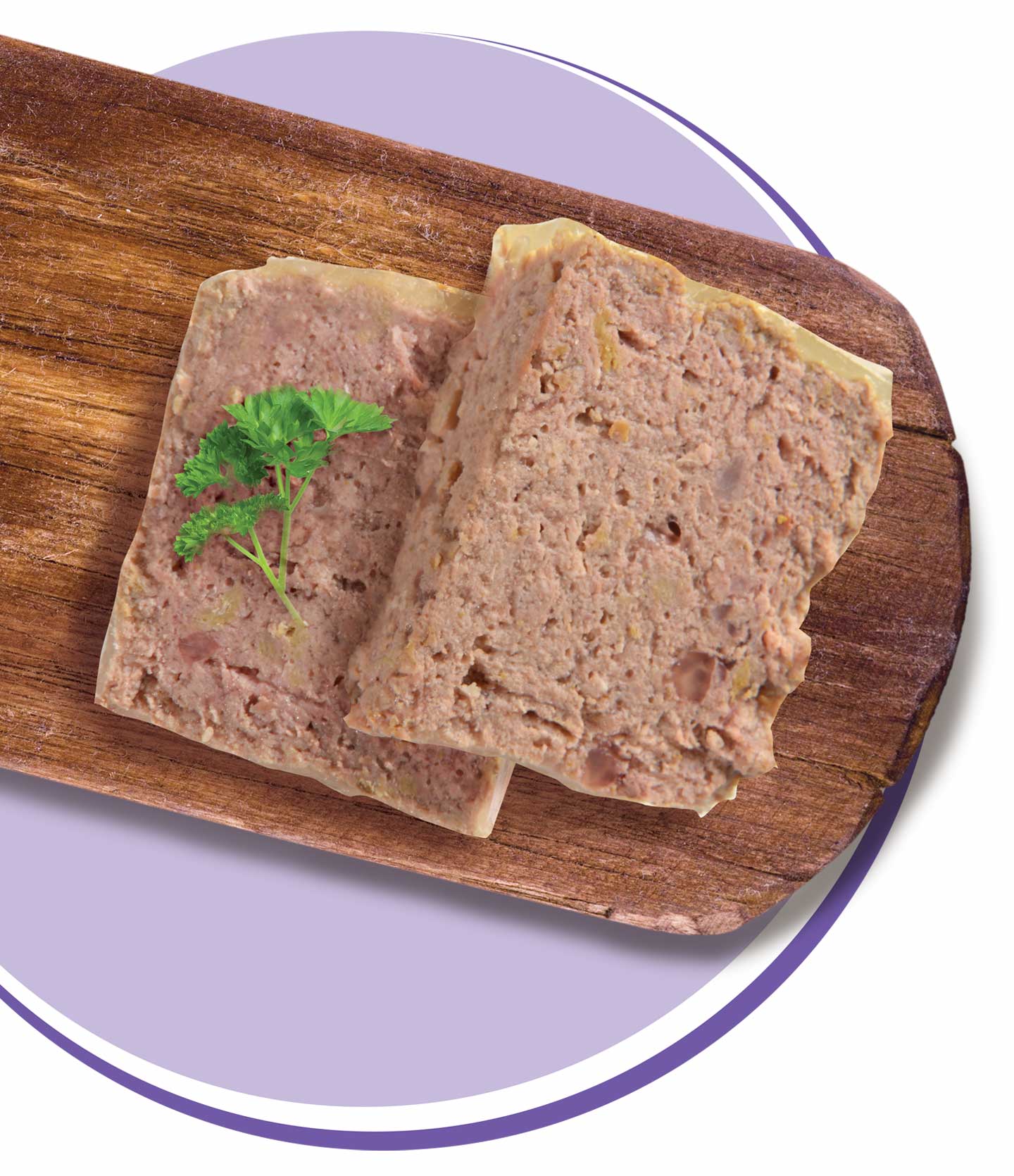Two slices of turkey pâté garnished with a sprig of parsley on a wooden cutting board