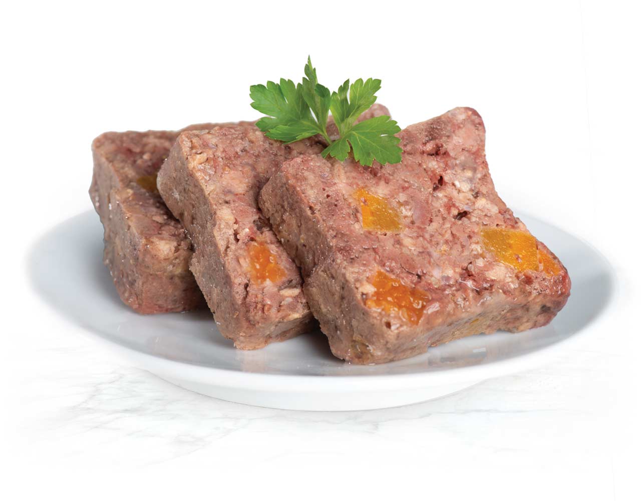 Three slices of beef pâté with visible pieces of fruit, garnished with a sprig of parsley on a white plate