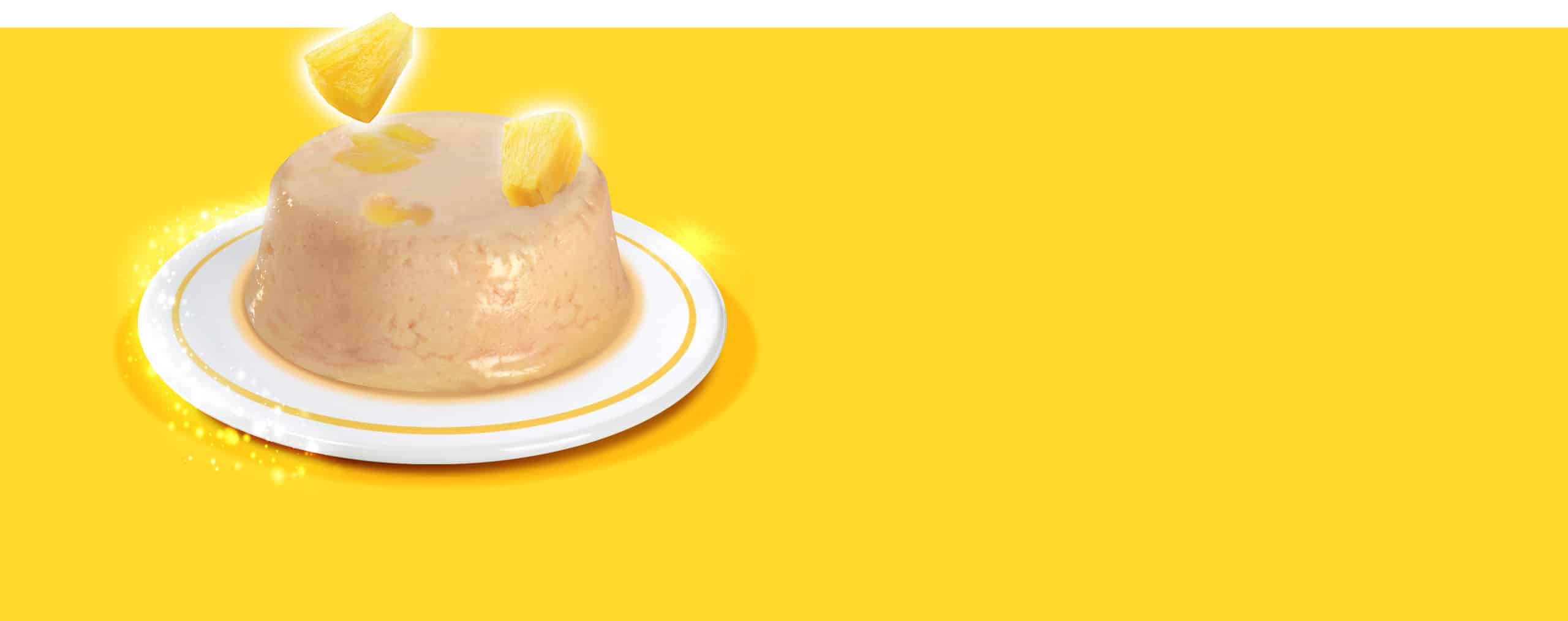 Catit chicken mousse with pineapple served on a small white plate against a yellow background