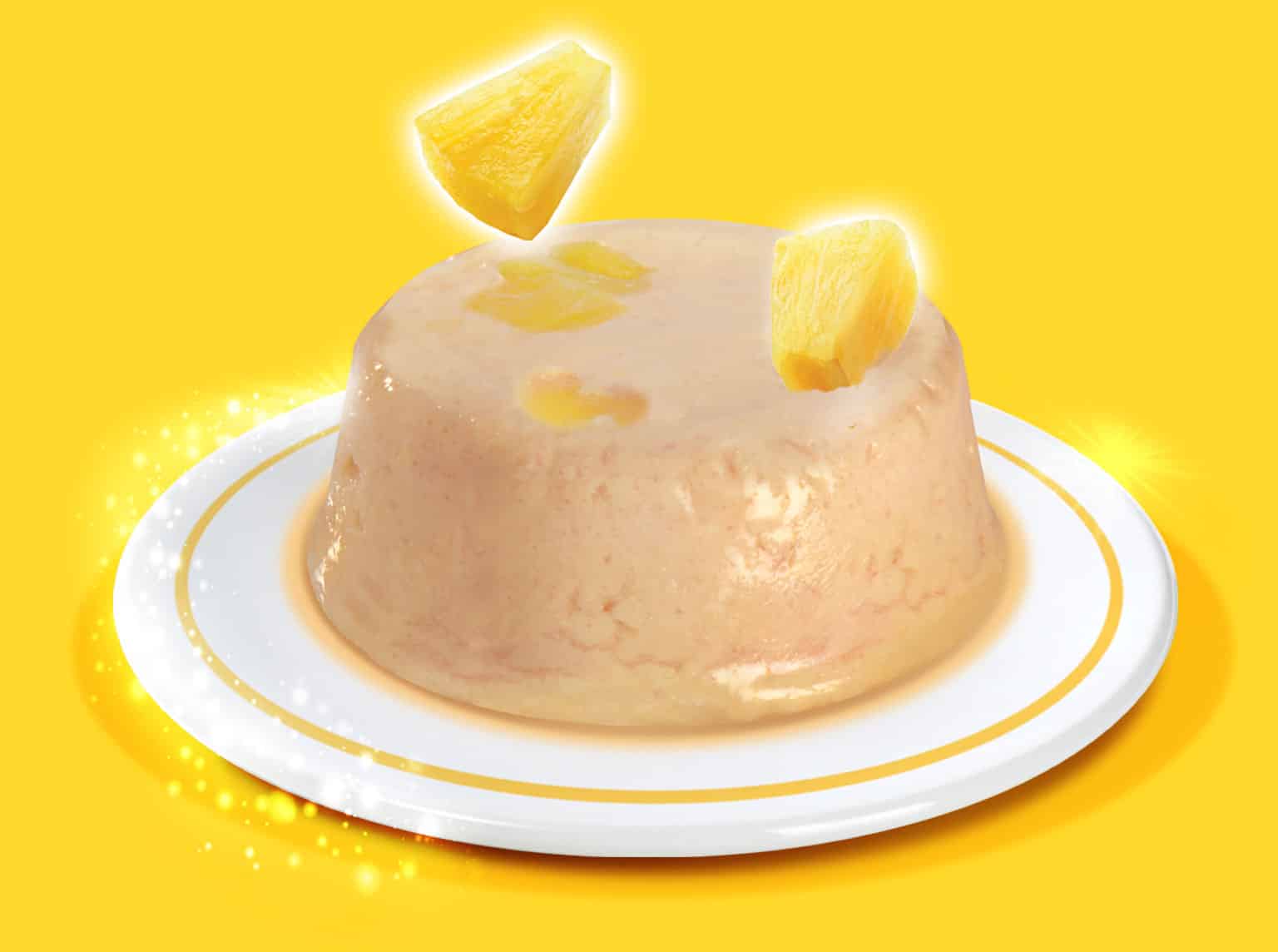 Catit chicken mousse with pineapple served on a white plate against a yellow background