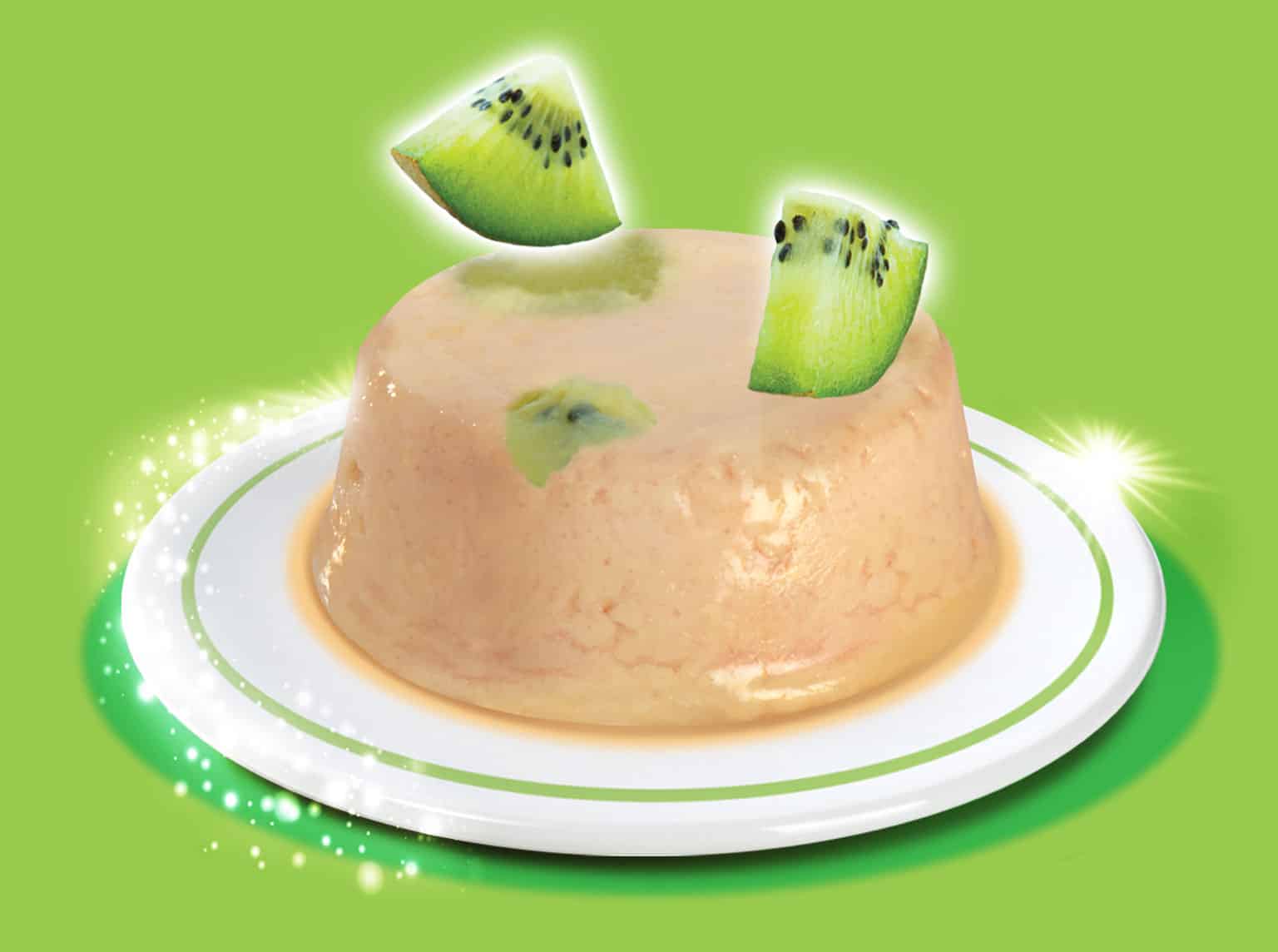 Catit chicken mousse with kiwi served on a small white plate with two kiwi slices on top