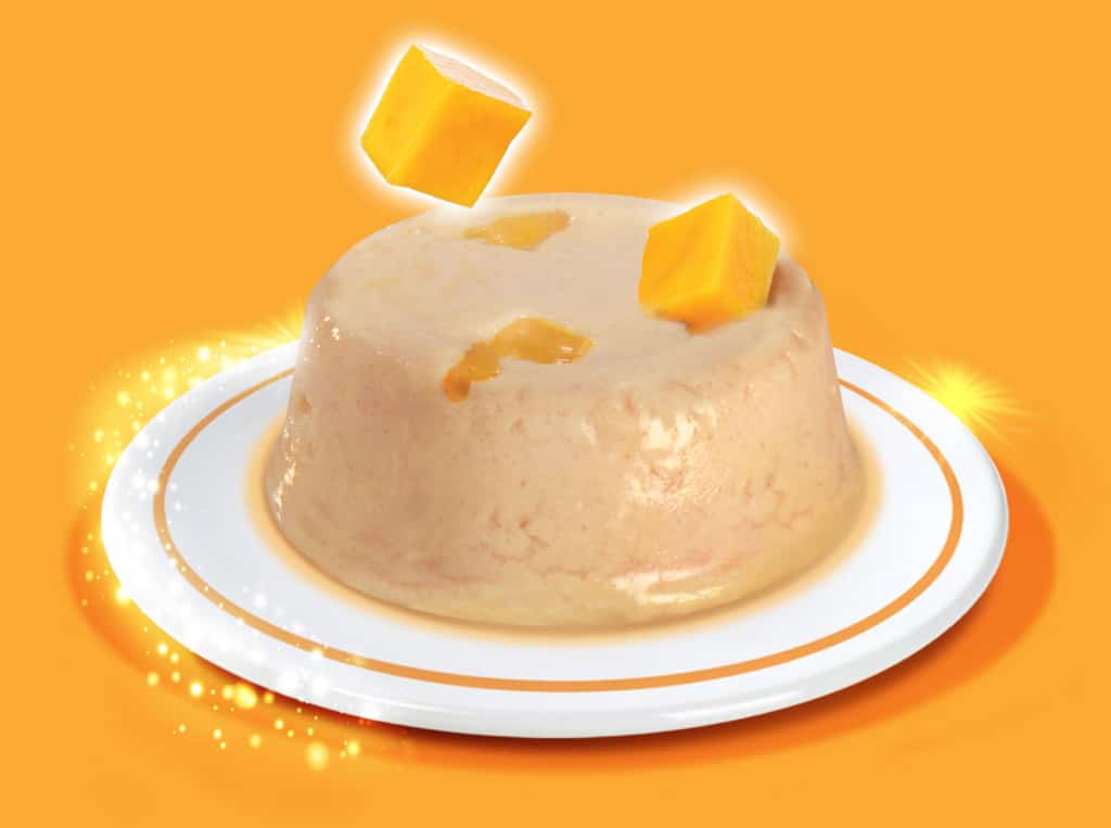 A serving of Catit chicken mousse with mango chunks on a white plate against an orange background