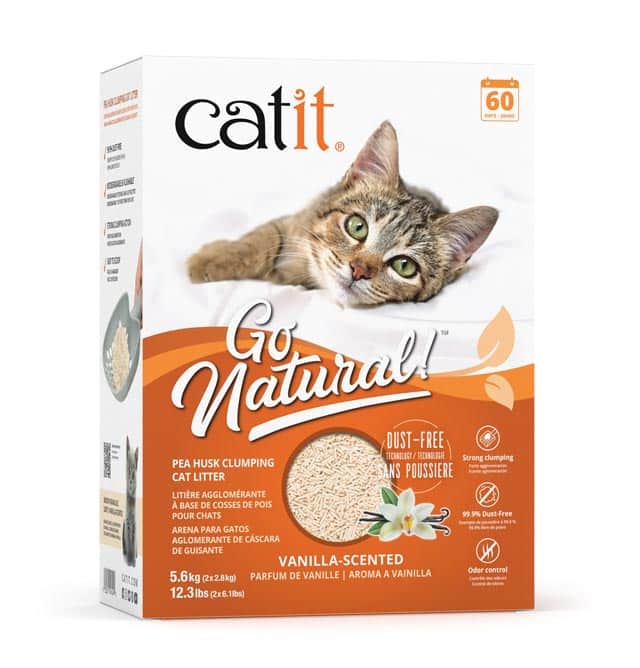 Catit Go Natural pea husk clumping cat litter packaging in vanilla scent