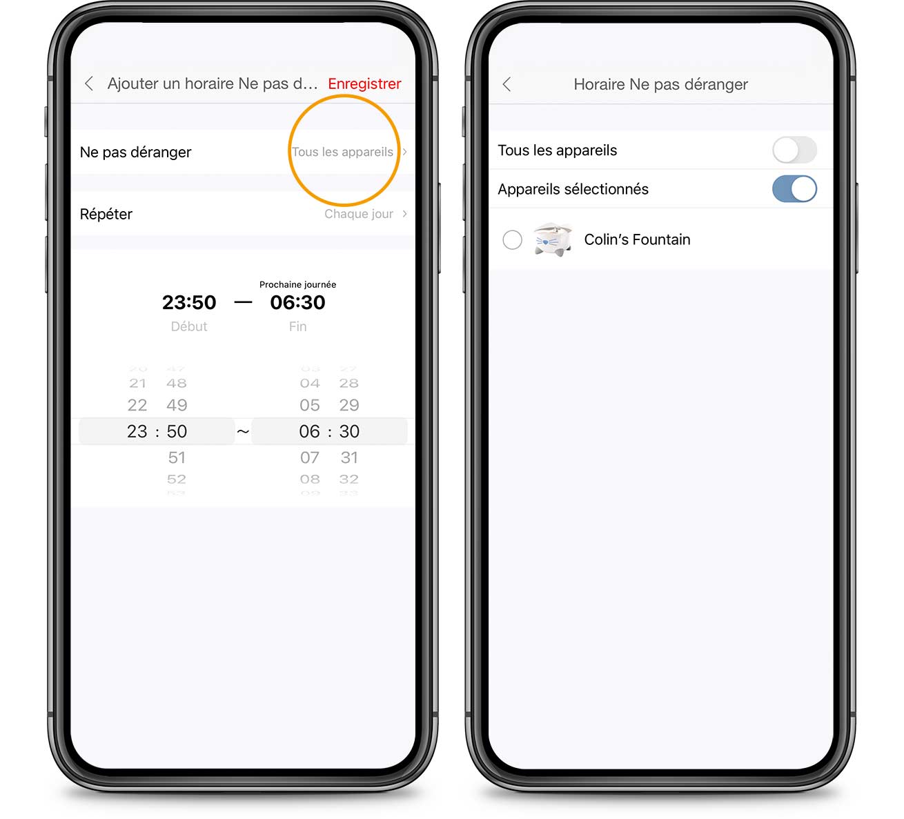 Sélectionner les appareils pour l’horaire Ne pas déranger dans l’appli PIXI