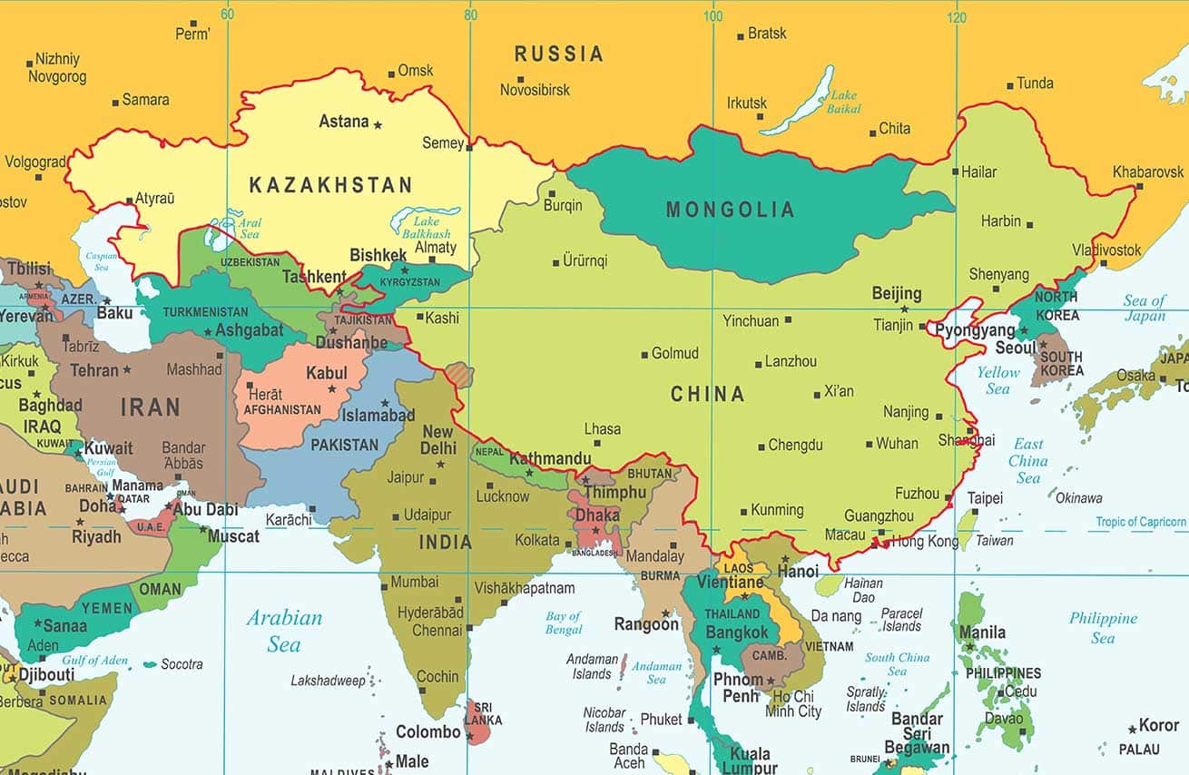 A political map of Central, South, and East Asia showing national borders, major cities, and bodies of water
