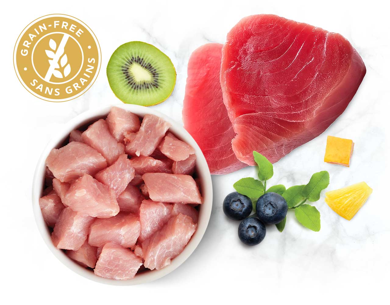 Bowl of raw meat cubes with tuna steaks, blueberries, kiwi, and pineapple slices, featuring a grain-free label