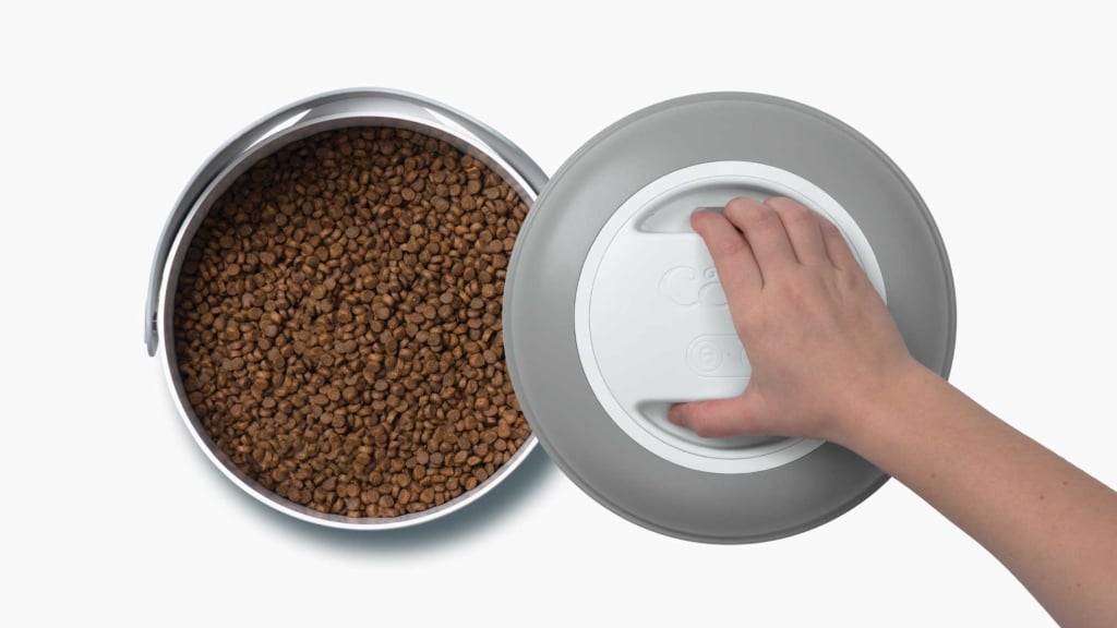 A hand opening the lid of a Catit PIXI vacuum food container filled with dry cat food