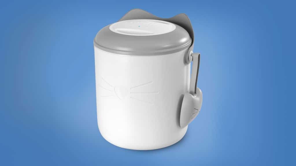 Catit PIXI Smart Vacuum, a white, cat-themed canister for storing cat food or treats with an attached scoop