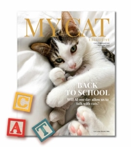 Catit magazine cover for September 2023 featuring a cat named Milo and an article about AI and communicating with cats