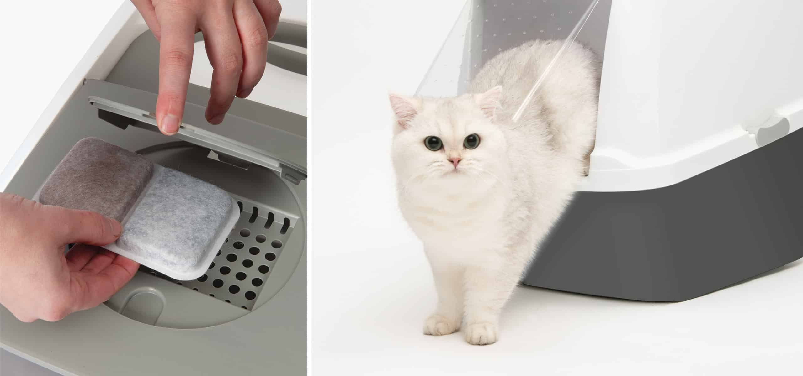 A person replacing a charcoal filter in a Catit hooded litter box, with a white cat exiting the litter box nearby