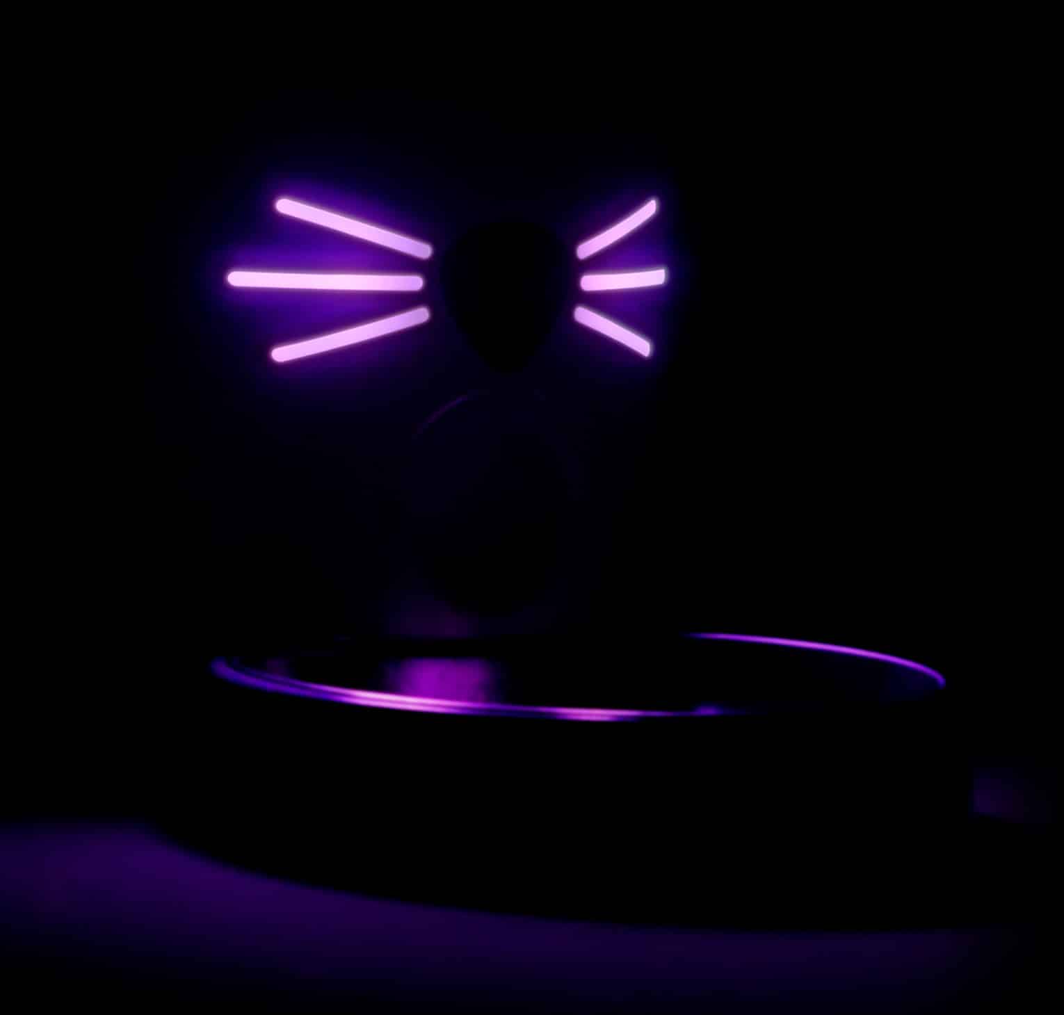 Catit PIXI Vision Smart Feeder in a dark room with glowing purple cat-ear-shaped status lights