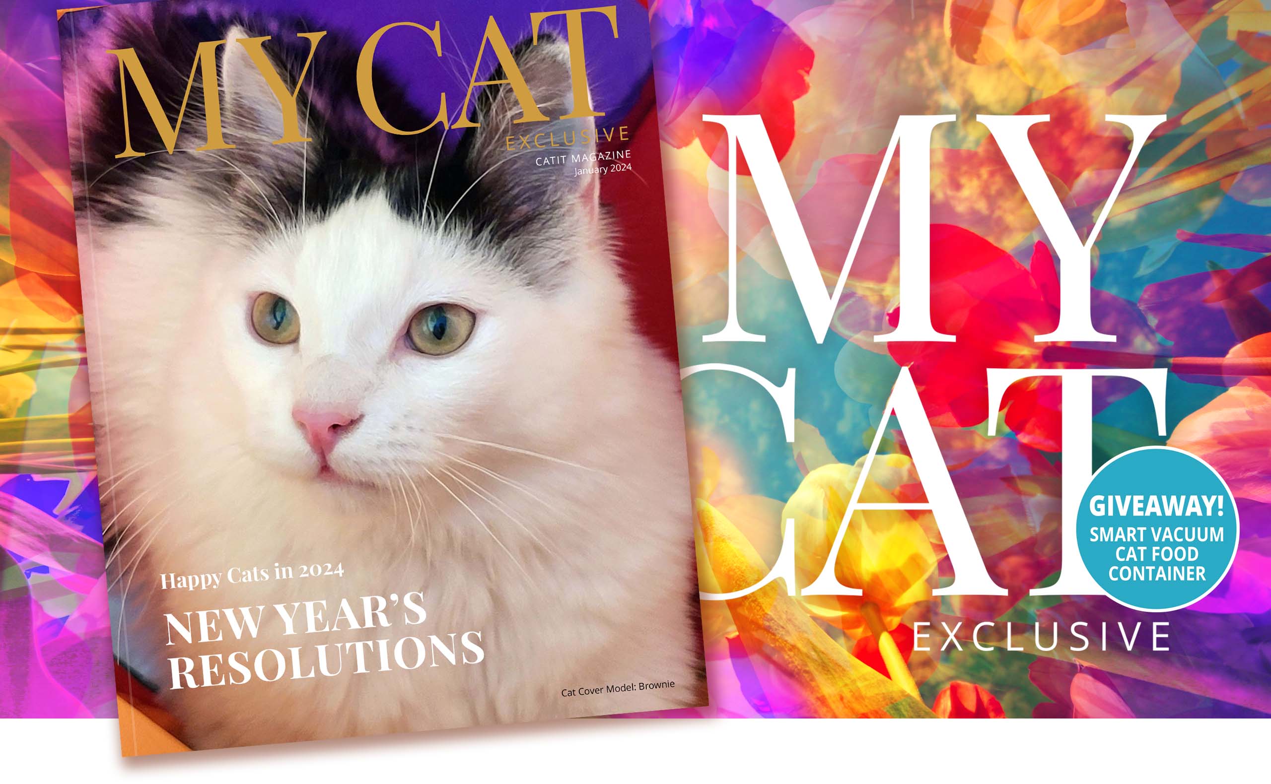 Catit magazine cover for January 2024 featuring a cat named Brownie and a giveaway for a smart vacuum cat food container