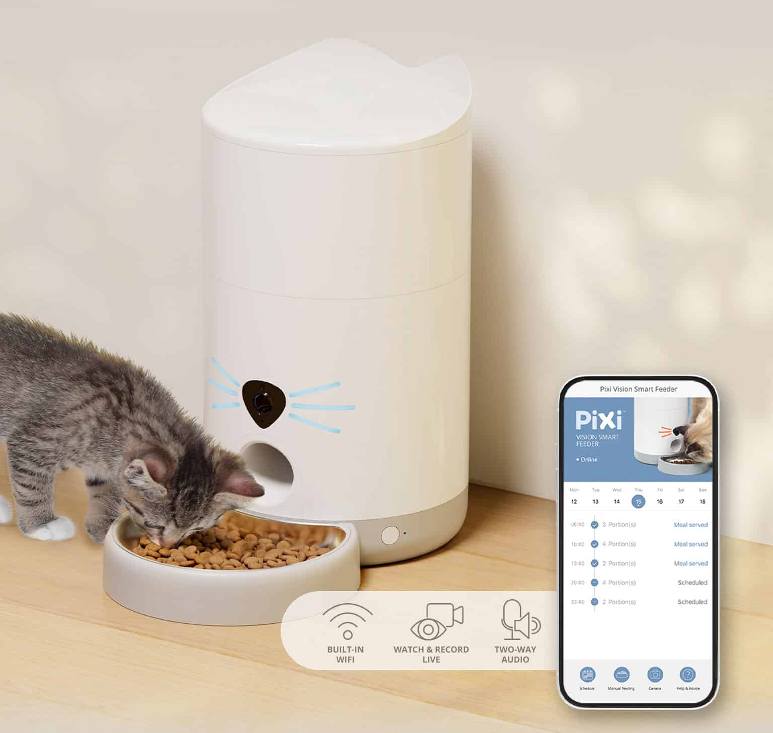 A kitten eats from a PIXI Vision Smart Feeder, shown alongside a smartphone displaying the app's feeding schedule and features