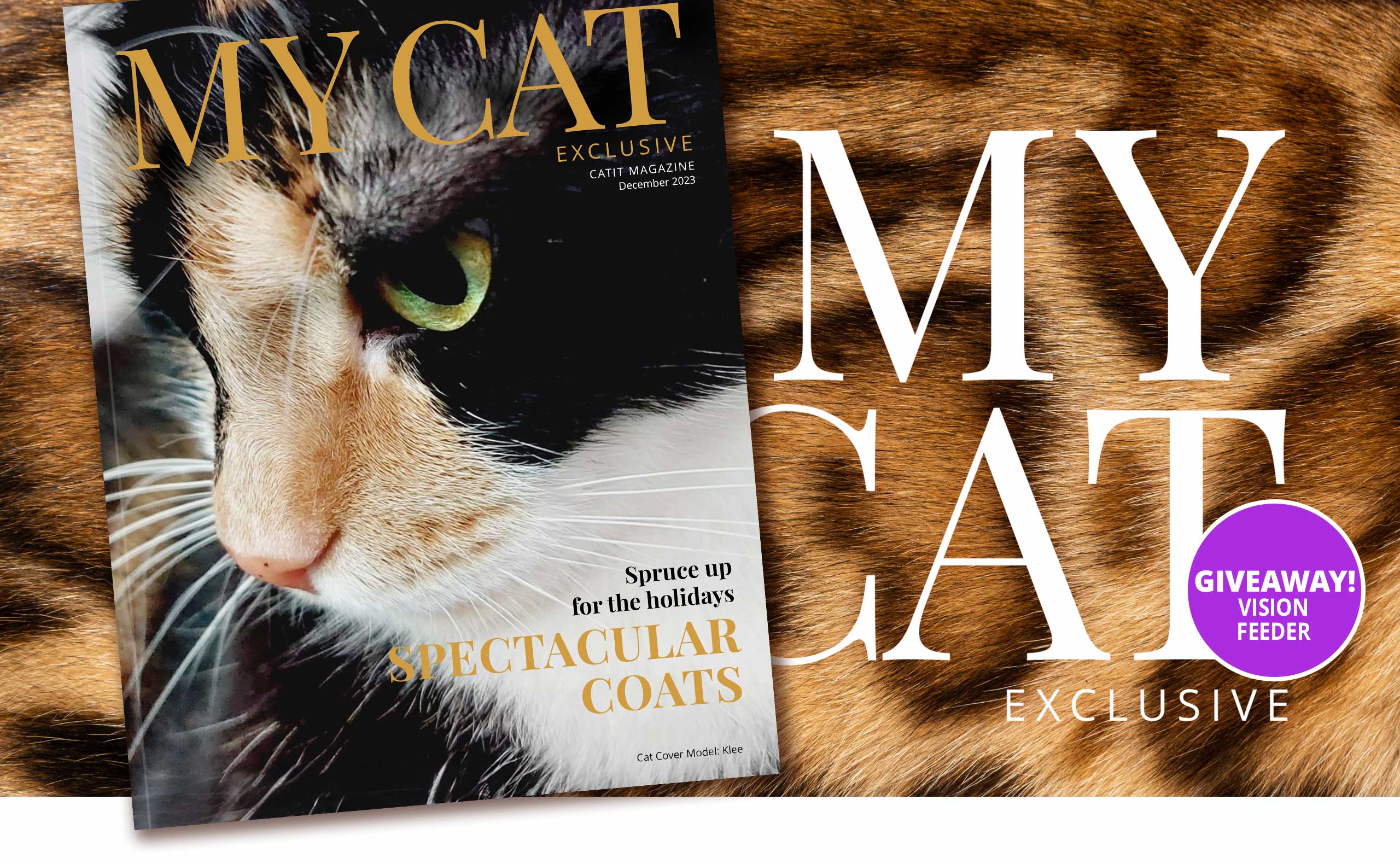 Catit magazine cover featuring a cat named Klee and a promotional giveaway for a vision feeder