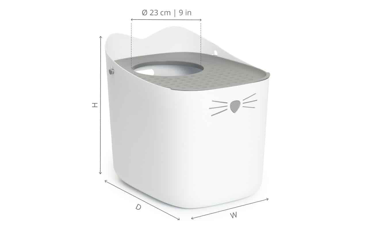 White PIXI litter box with a grey lid, showing dimensions for the entry diameter and overall height, depth, and width