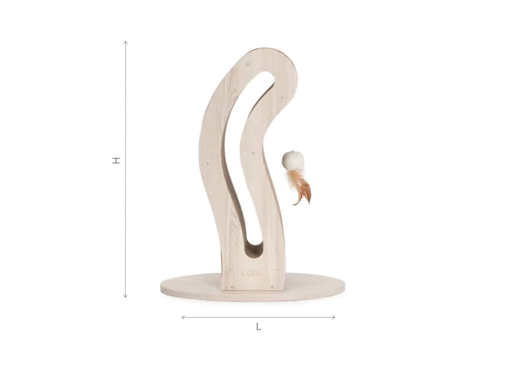 Catit PIXI cat scratcher with a feather toy, showing height H and length L dimensions