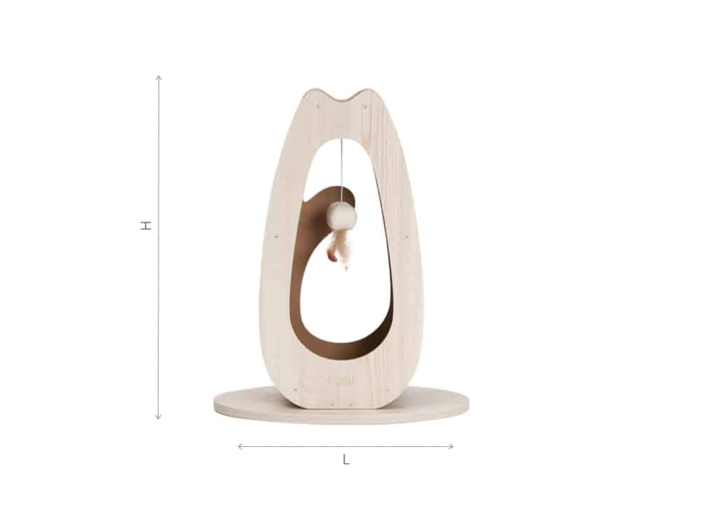 Catit PIXI tall cat scratcher with a hanging toy, shown with height and length dimension lines