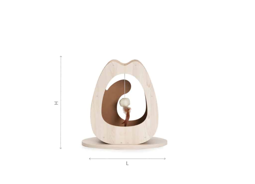 Catit PIXI cat scratcher with a hanging toy, shown with height and length dimension lines