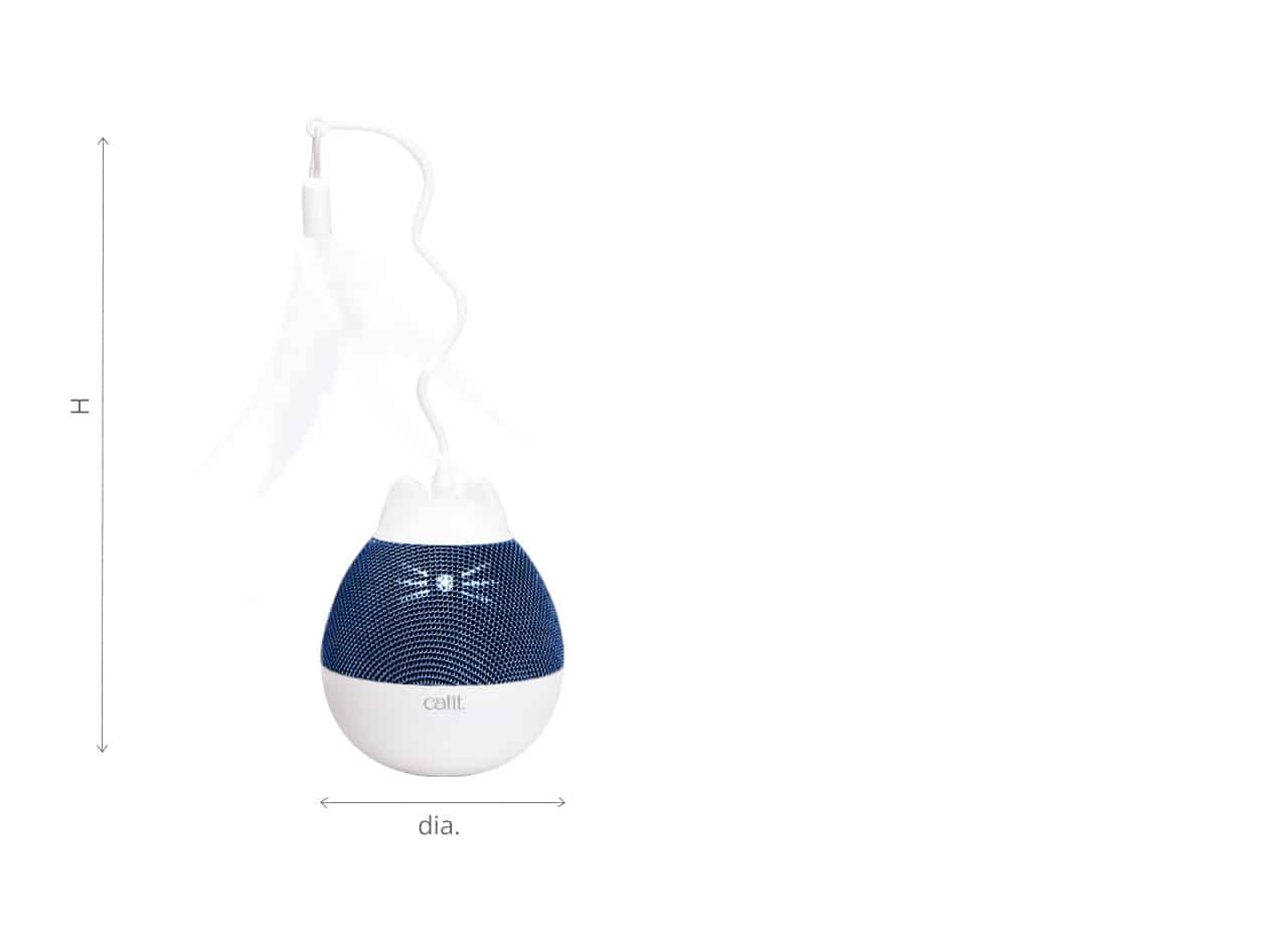 Catit PIXI Spinner toy with dimension arrows indicating height and diameter