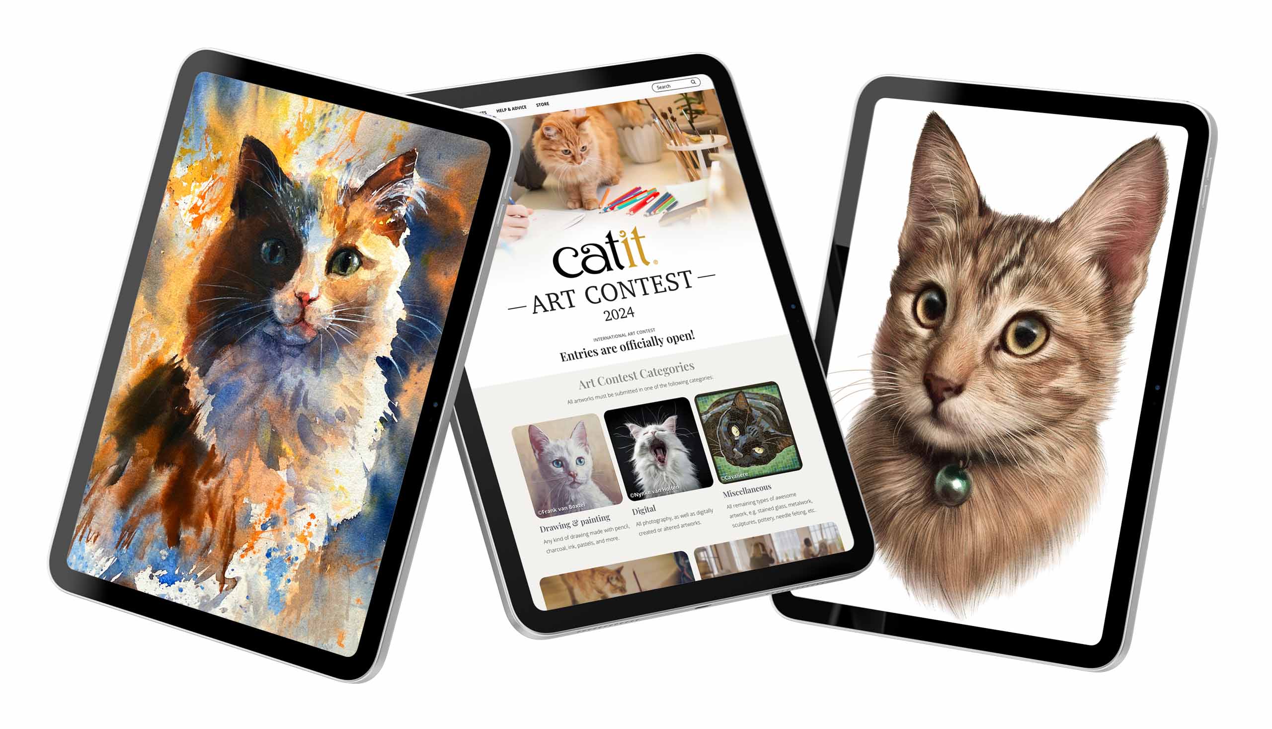 Three tablets displaying the Catit Art Contest 2024 website and various cat-themed artwork entries