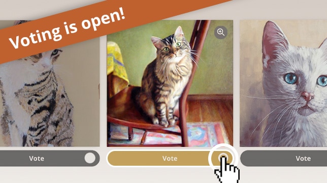 Voting is open for a cat photo contest featuring three portraits of cats with buttons to vote for your favorite