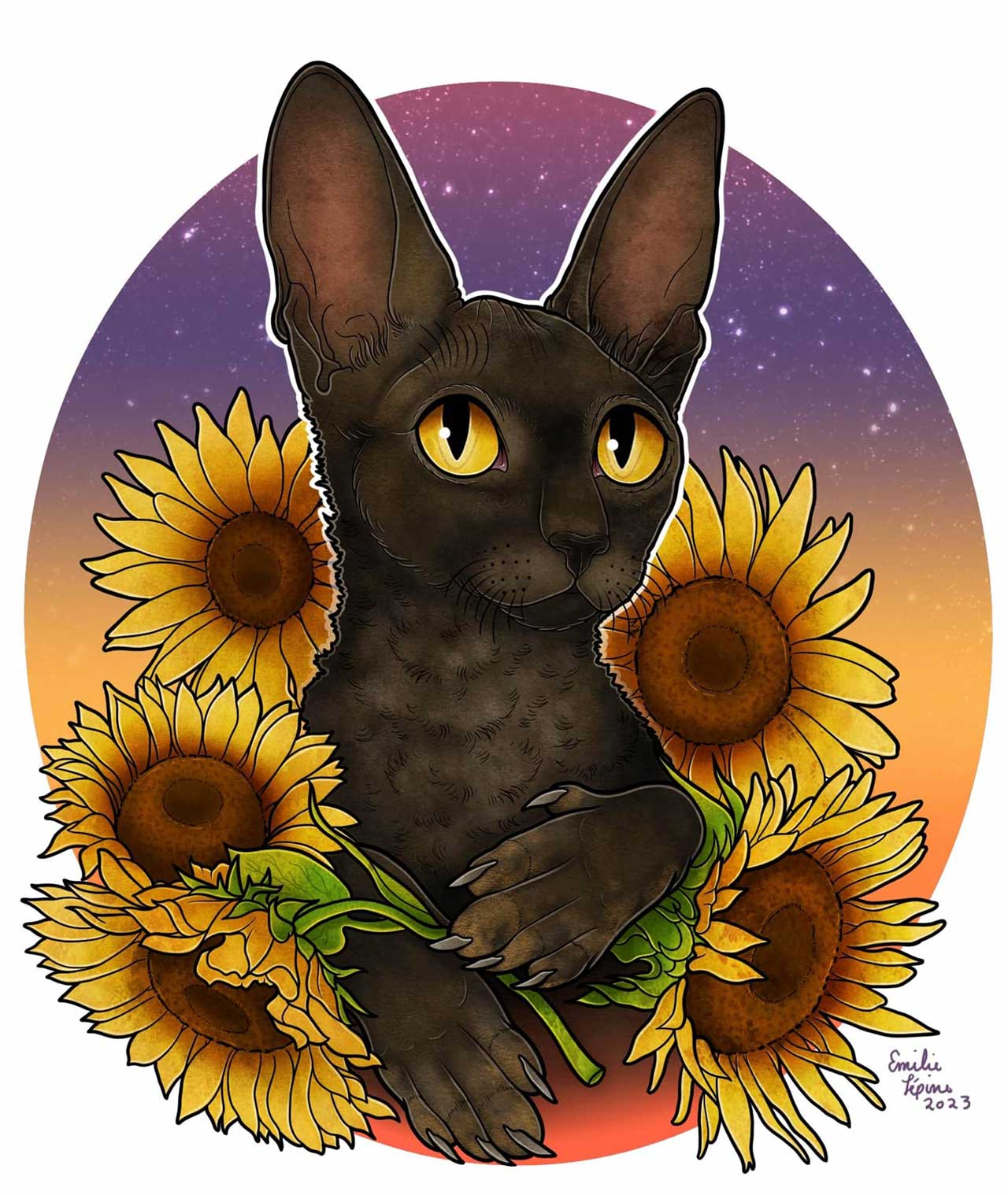 Digital illustration of a black cat with large ears and yellow eyes nestled among bright yellow sunflowers