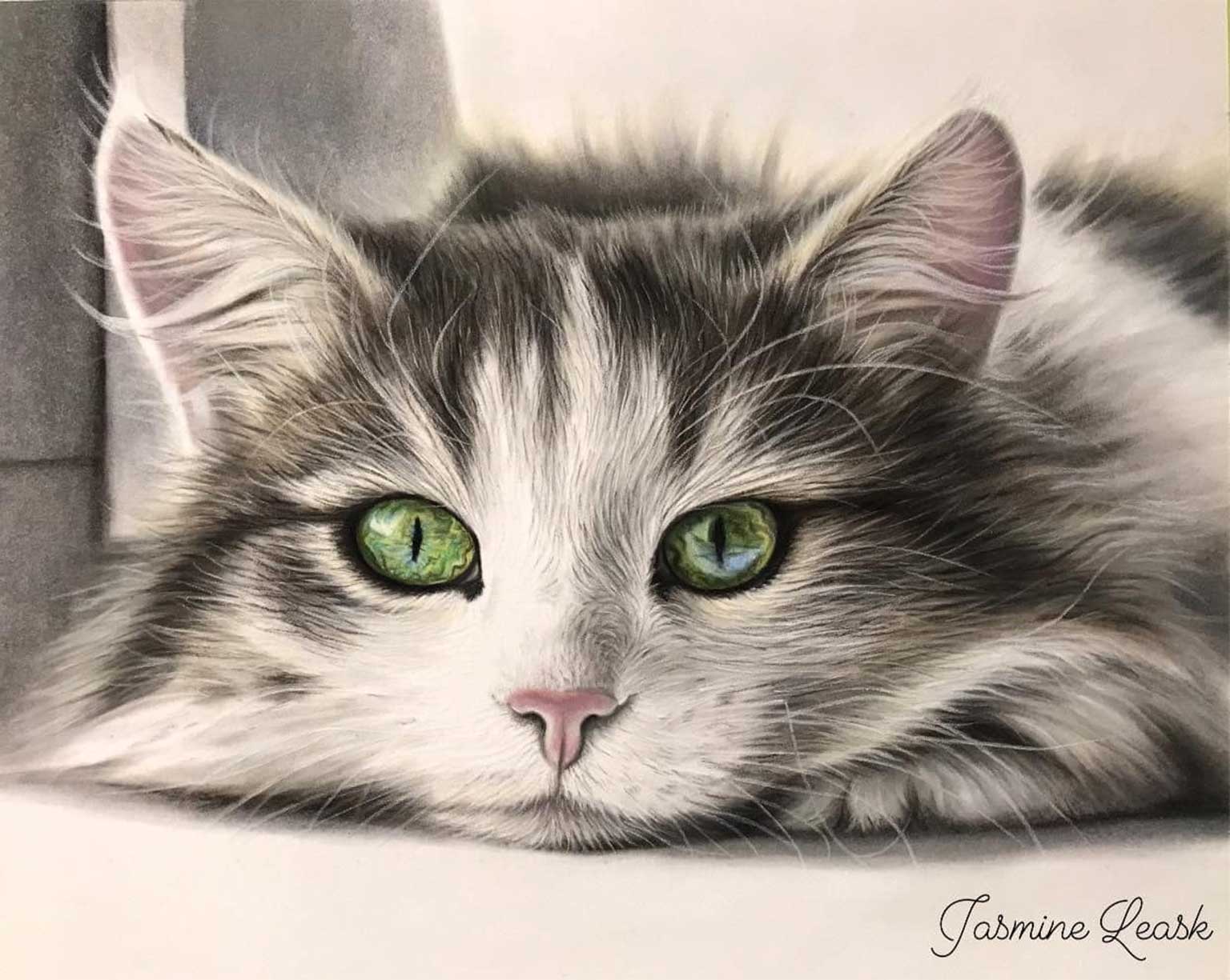 A realistic colored pencil drawing of a fluffy cat with striking green eyes resting its head on a surface